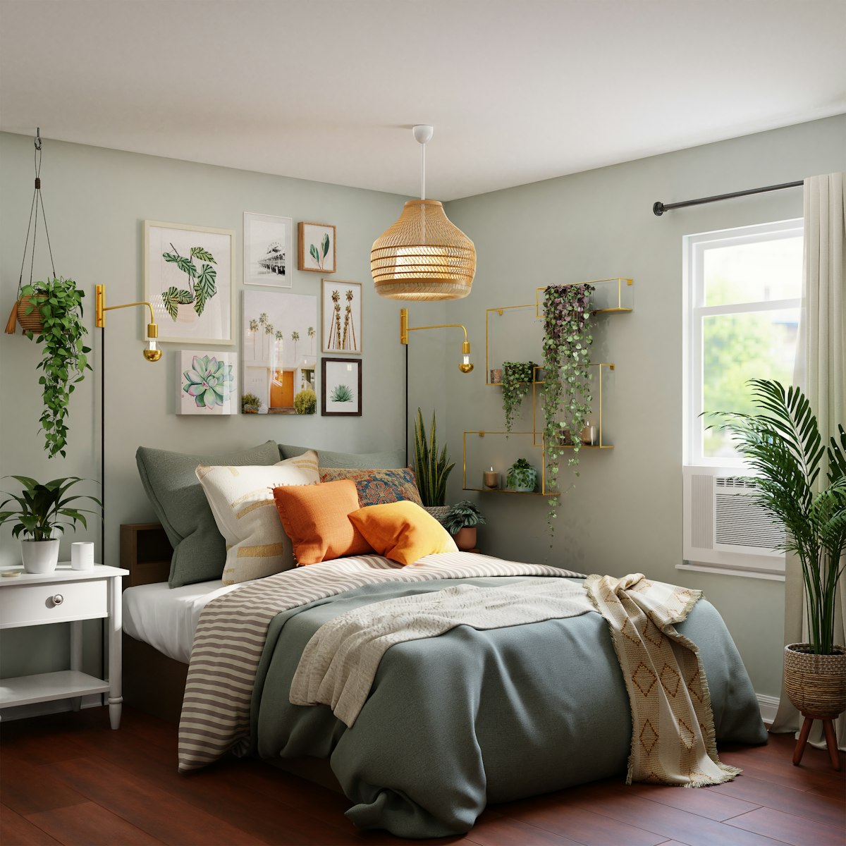 Styled sage-green bedroom with layered bedding and plants