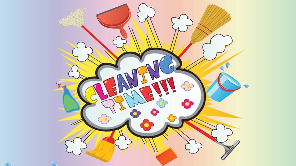 Colourful CLEANING TIME cartoon graphic from Annies Cleaning Services Facebook page