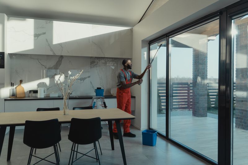 Professional cleaner in orange overalls cleaning glass sliding doors in a modern home